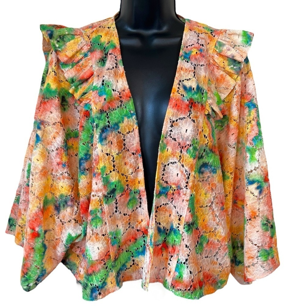 Anthropologie Open Front Wide Sleeve Cropped Floral Lace Shrug